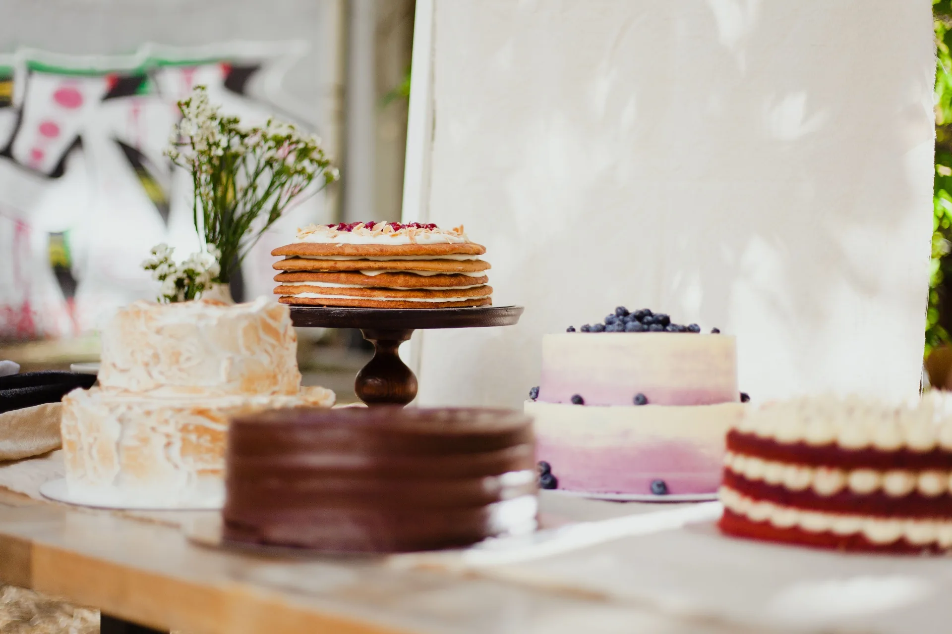 Layered cakes on a rustic table